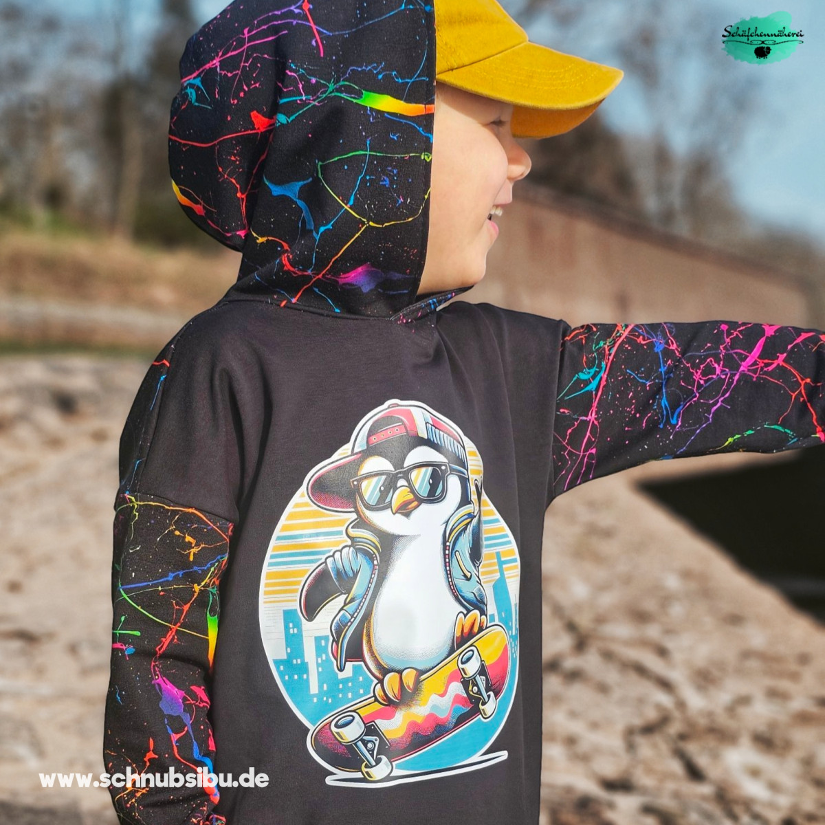 Bügelbild Pinguin auf Skateboard